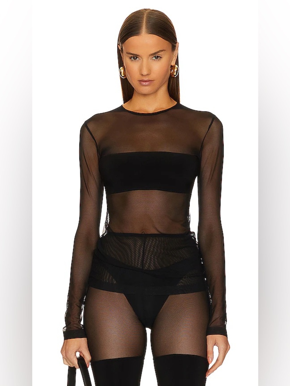 Norma Kamali Dash Appliqué Sheer Mesh Long Sleeve Top Black Small NWT
